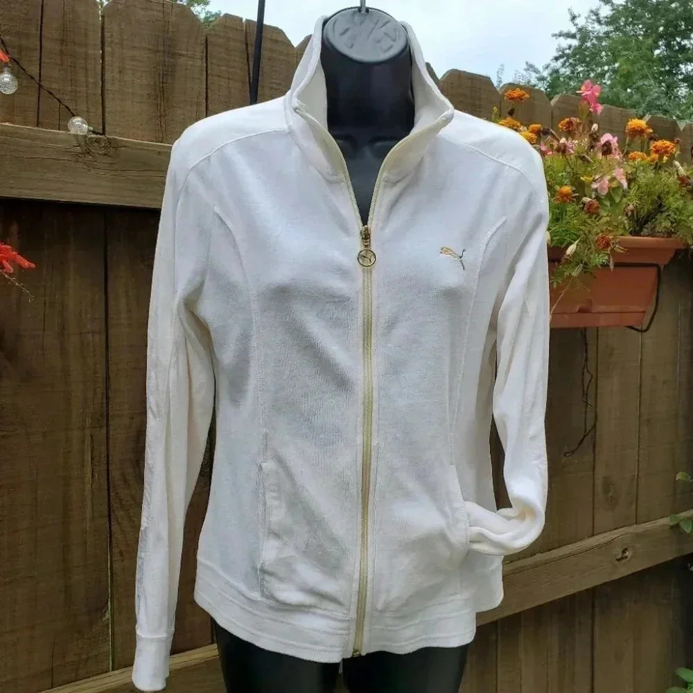 Puma Cream Velour Full Zip Warm Up Jacket Size Medium